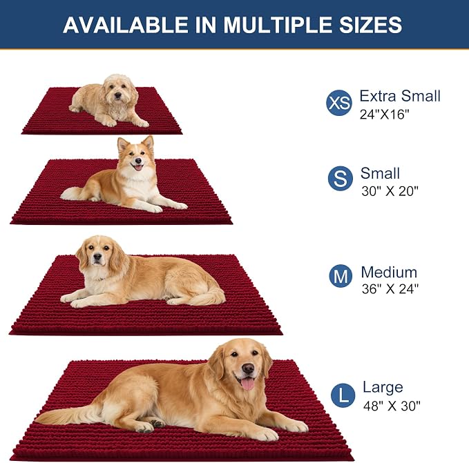 OLANLY Dog Door Mat for Muddy Paws 24x16, Extra Absorbent Chenille Mud Mat | Red, Absorbs Moisture and Dirt, Non-Slip Machine Washable Doormat, Quick-Drying Indoor Entryway Floor Mat for Dogs