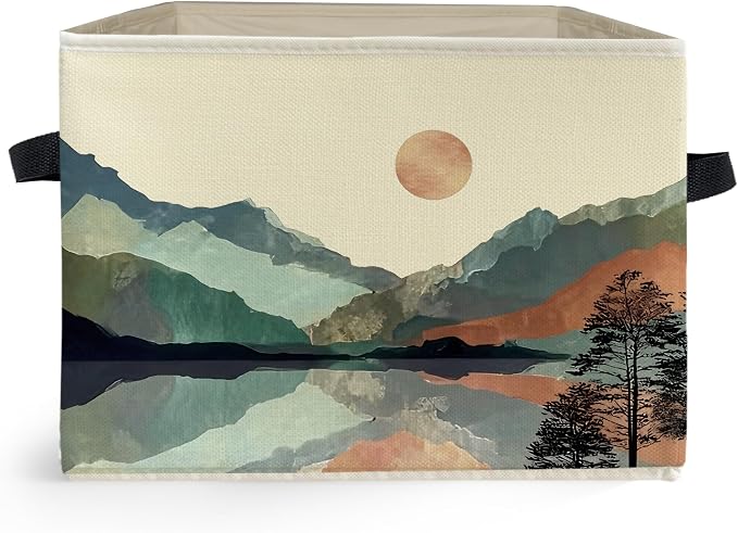 Boho Sun Mountain Forest Storage Box Bins, Mid Century Modern Abstract Boho Collapsible Storage Basket Organizer for Bedroom Laundry Room Home Clothes Books, Decor for Room
