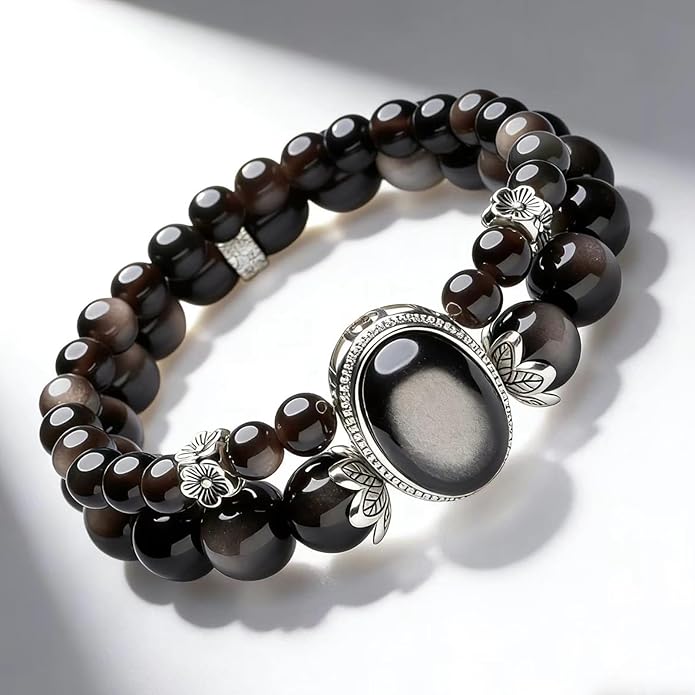 Black Obsidian Crystal Bracelet for Women, Stretch Elastic Bead Chakra Healing & Protection Bracelet, Positive Energy Jewelry Gift for Her, Girlfriend, Bestie, Birthday, Valentine‘s Day