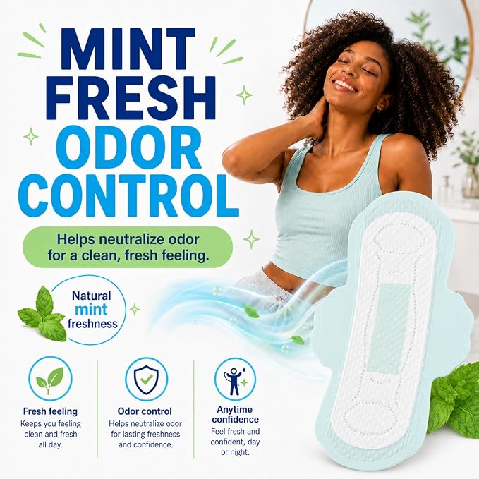 BST Mint Fresh Pads for Women, Breathable Thin Sanitary Napkins with Wings, Odor Control, Moderate Absorbency, Feminine Care, Active Lifestyle Use(Regular, 8 Count, Packaging May Vary)