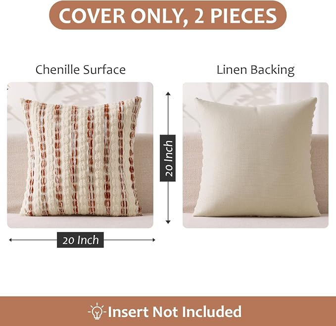ANRODUO Boho Chenille Decorative Pillow Covers 20x20 Inch Set of 2 Orange | Textured Tufted Stripes Woven Cushion Case, Farmhouse Accent Neutral Pillowcase for Couch Sofa Bed Living, Room Decor