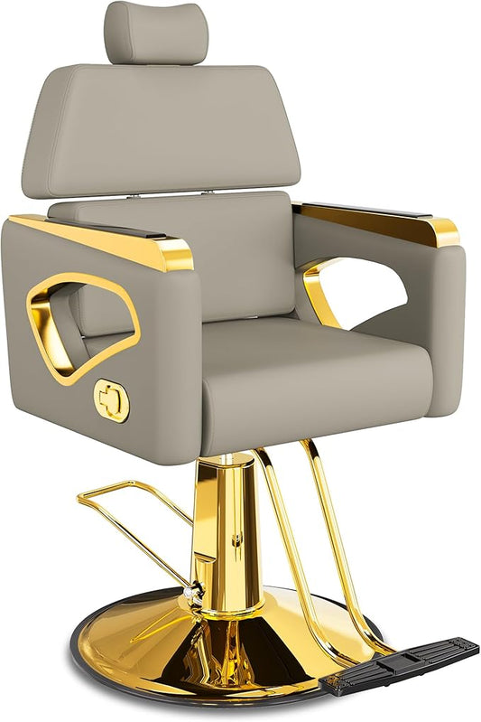 Baasha Gray Gold Reclining Salon Chair with Adjustable Backrest & Lumbar Support, Heavy-Duty Barber Chair, Durable Steel Frame, 440 lbs Capacity