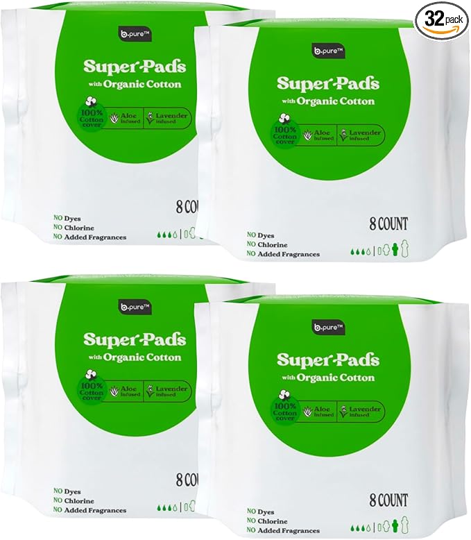 b.pure 100% Organic Cotton Super Absorbency Herbal Feminine Pads with Wings | Chemical Free | Lavender & Aloe Infused | Heavy Flow | 32-Count