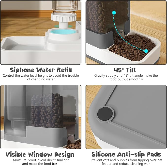 GearRoot Automatic Cat Feeder and Water Dispenser, 2 in 1 Gravity Pet Food Feeder and Water Dispenser Detachable Cat Food Dispenser for Small Dogs and Cats, Gray