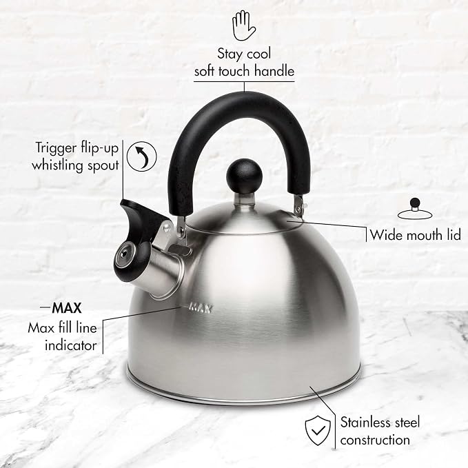 Primula Stewart Whistling Tea Kettle for Stovetop, Stainless Steel Stove Top Kettle with Fast Boil Whistling Spout and Cool Touch Folding Handle, 1.5-Quart, Brushed Silver with Black Handle