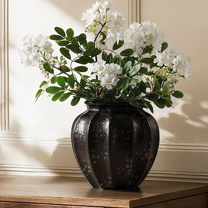 LE TAUCI 9" Ceramic Vase, Artisan Large Black Ceramic Vase for Modern Home Decor, Substantial & Stable, Handcrafted Flower Vase, Living Room & Dining Room Table Centerpiece, Distressed Iron Black