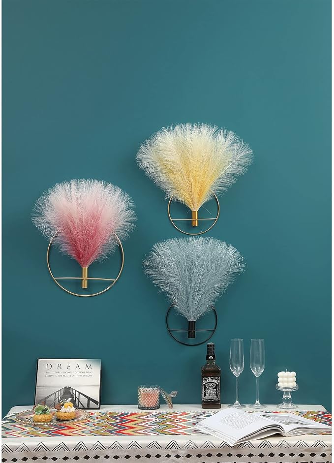 Pretty Jolly Boho Pampas Wall Decor Gold Metal Wall-Mounted Art | Morden Artificial Greenery Display，2 Pack Pink Hanging Planter For Living Room, Bedroom, Bathroom, Dining room