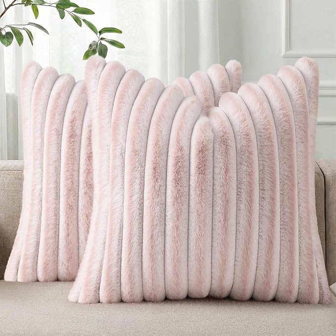 Pallene Faux Fur Decorative Throw Pillow Covers 26x26 Set of 2, Ombre Pink | Luxury Plush Texture, Striped Design, Cozy Soft Touch, Modern Home Accent Decor for Couch, Sofa, Bed, Living Room
