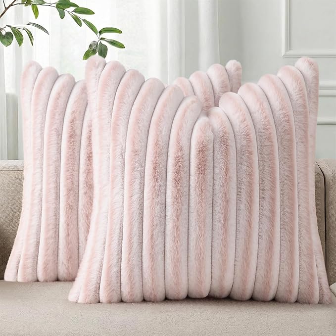 Pallene Faux Fur Decorative Throw Pillow Covers 22x22 Set of 2, Ombre Pink | Luxury Plush Texture, Striped Design, Cozy Soft Touch, Modern Home Accent Decor for Couch, Sofa, Bed, Living Room