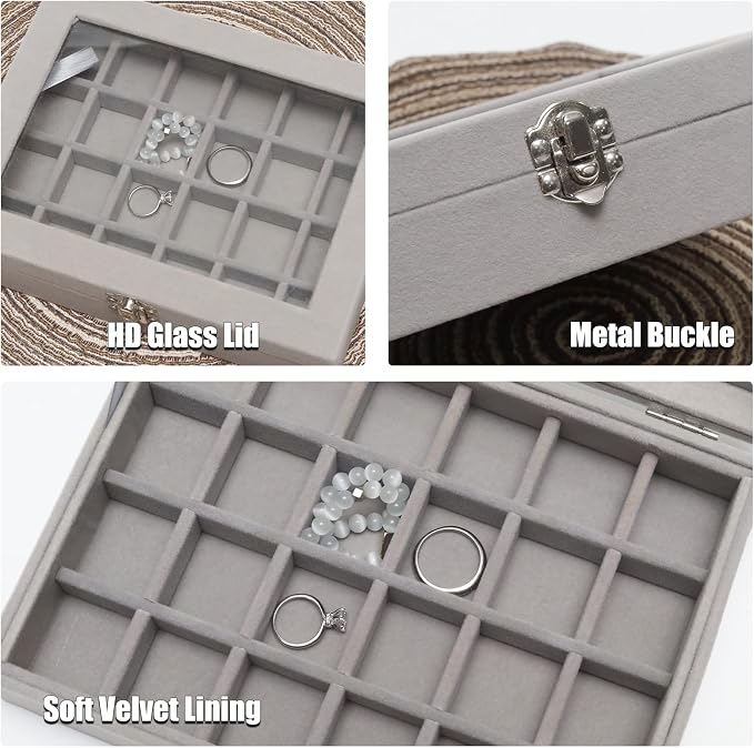 Small Velvet Jewelry Tray with Clear Lid, 24 Grids Gray | Lockable Ring Earring Holder Organizer Storage Box Case Jewelry Box Organizer for Rings Earrings Bracelets Brooches