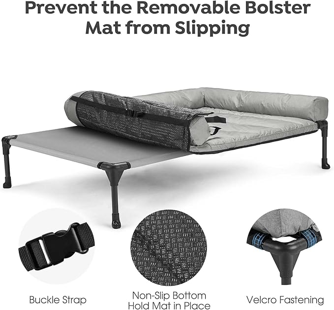 Veehoo Outdoor Elevated Dog Bed with Waterproof Bolster Cushion, Cooling | Raised Dog Bed with Removable & Washable Mat Topper, Breathable Mesh, Dog Couch Cot for Indoor Outdoor, 32", Medium, Grey