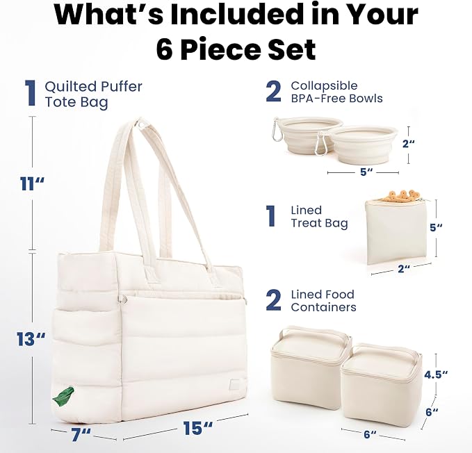 Rubyloo Puffer Dog Travel Bag for Dog Moms, Diaper Bag with Travel Bowls