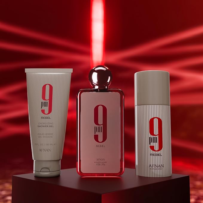 Afnan 9 PM Rebel Unisex Luxury Perfume Gift Set – Eau De Parfum (3.4 Oz), Deodorant (5.0 Oz), Shower Gel (5.0 Oz)