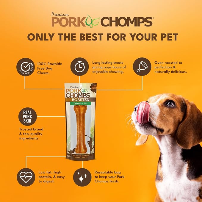 Pork Chomps Rawhide Free Pork Skin Dog Chew Bone, 7in, 1ct | Roasted, pressed pork skin chew. Long-lasting, high protein, low fat, healthy & delicious.