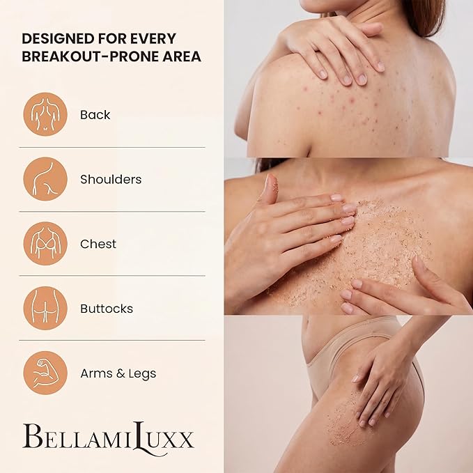 BellamiLuxx Fungal Acne Care 2-Step Routine: Helps with Bumps, Clusters, Itch & Redness – Body Acne Scrub + Lightweight Anti-Fungal Face & Body Lotion for Fungal Skin with Natural Actives