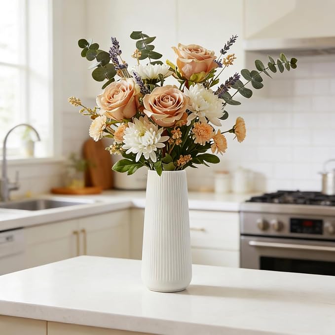Ceramic Vase for Flower, Pampas Grass Vase, 7.8''H Ribbed Decor Vase, White | Nordic Minimalist Flower Vase, White Modern Home Office Decor Vases, For Living Room, Dining Table, Bedroom, Kitchen Shelf