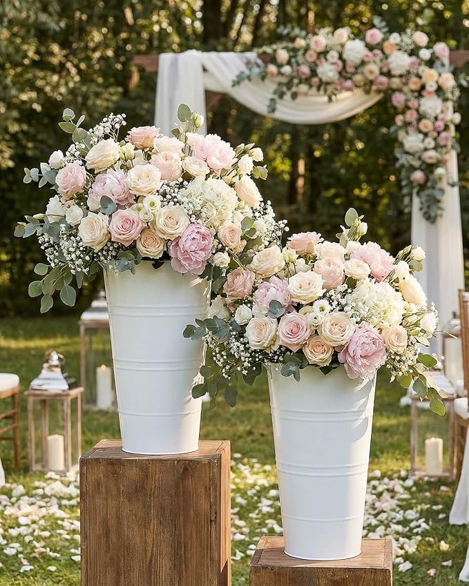12 Inch Galvanized Metal Vase, 2 Pack Tall Flower Buckets with Handles | Galvanized metal flower buckets with handles, rustic tall vase design for dried flowers, weddings, farmhouse and home decor.