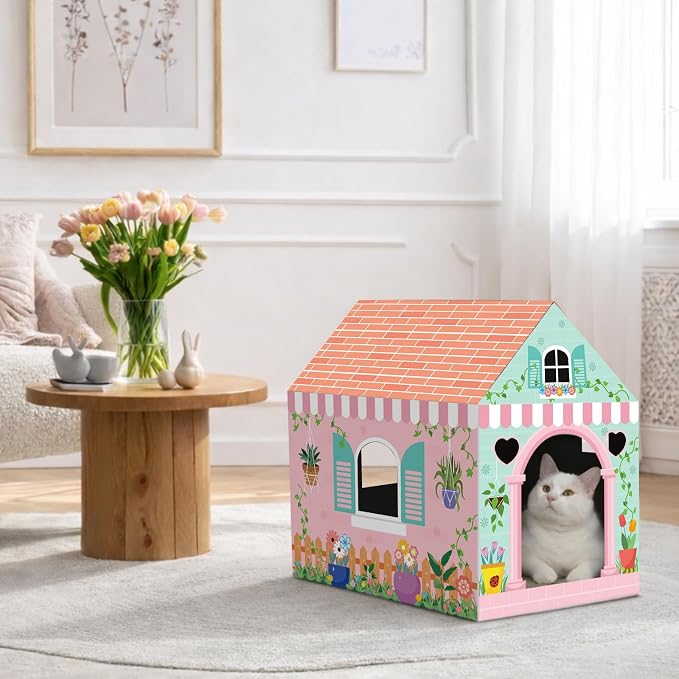 Cinrobiye Cardboard Cat House with Scratcher Spring Pet Board Bed Cave Playhouse Hideaway Hideout Condo Decor Small Animals Scratch Box for Indoor Cats Kittens Rabbits Bunny