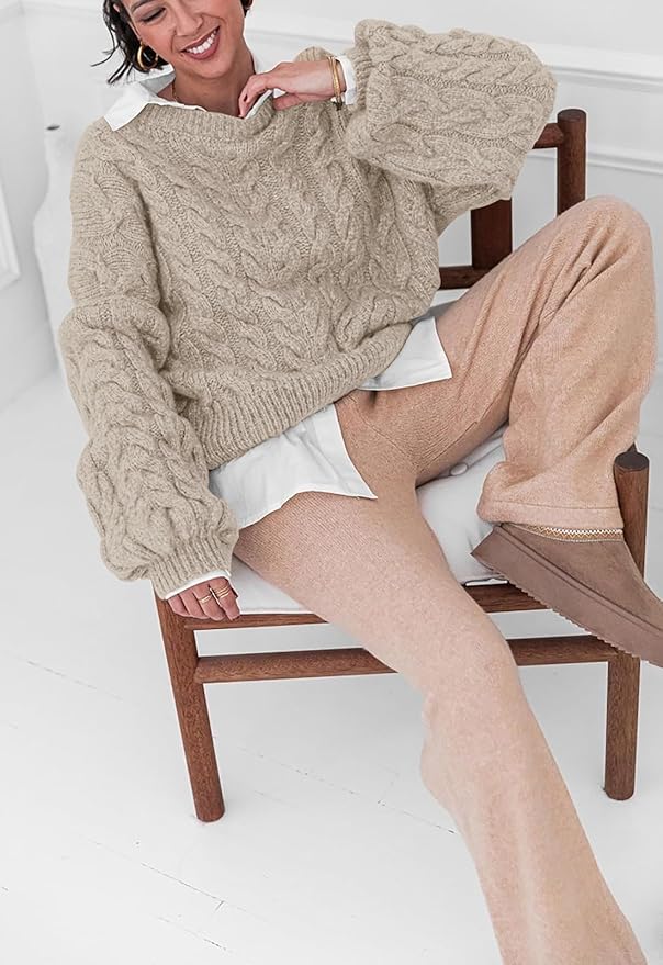 PRETTYGARDEN Womens Sweaters Spring 2026 Cable Knit Long Sleeve Crewneck Oversized Sweater Chunky Pullover Loose Outfits