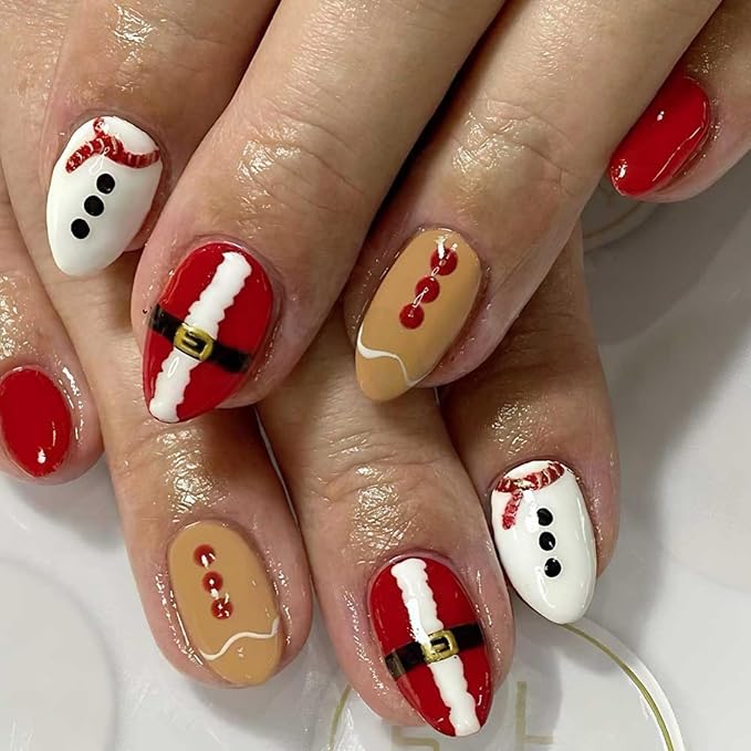 Christmas Press on Nails Red White Fake Nails with Button Design Santa Claus Glue on Nail Artificial Acrylic Glossy Full Cover Xmas Short Almond Stick on Nail for Women Girls Manicure 24Pcs
