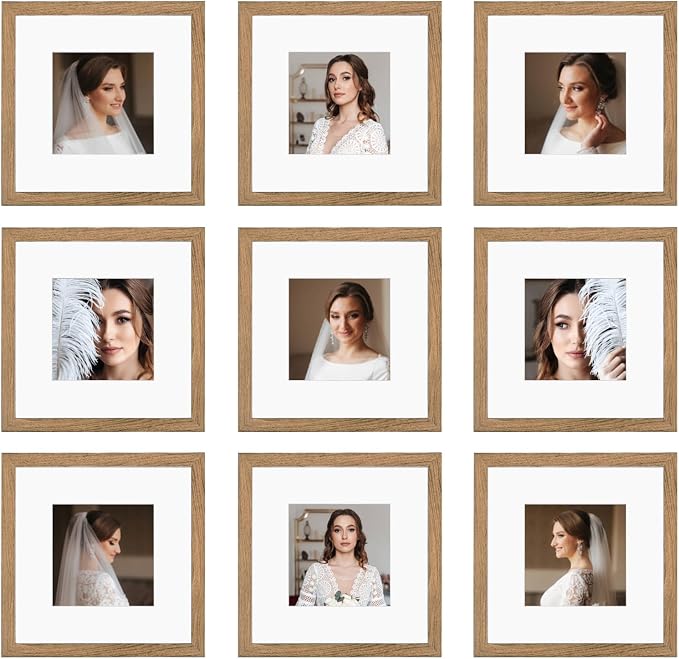 10x10 Picture Frame Set of 9, Display Pictures 8x8 with Mat or 10x10 without Mat, Multi Collage Gallery Square Photo Frames for Wall or Tabletop,Light Brown