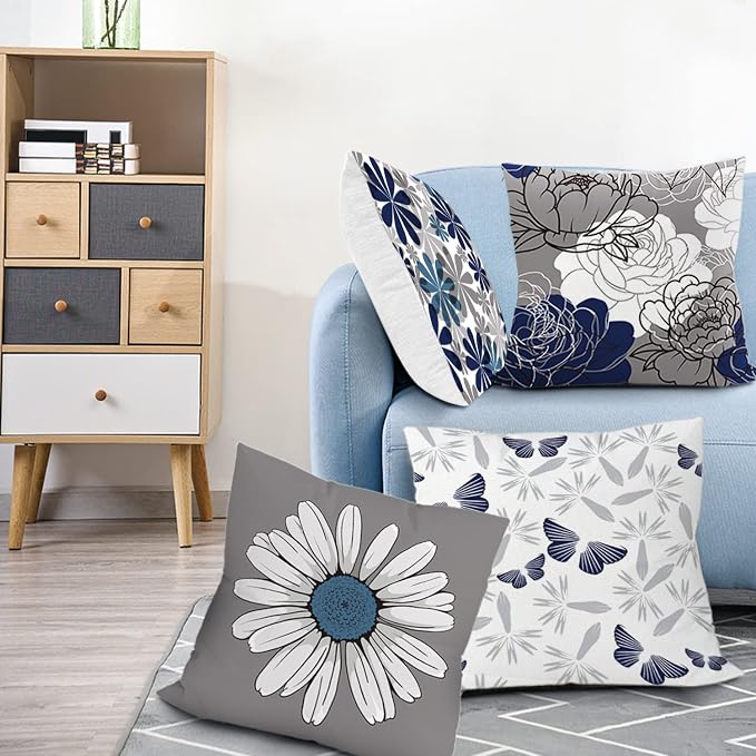 COMMINY Blue Grey Pillow Covers 18x18 Set of 6 Decorative Daisy Flower Throw Pillow Cover for Couch Modern Pillow Case for Patio Living Room Cushion Bed Farmhouse Home Decor | blue daisy Floral,decorative cushion cover,Breathable Linen,standard Throw P...
