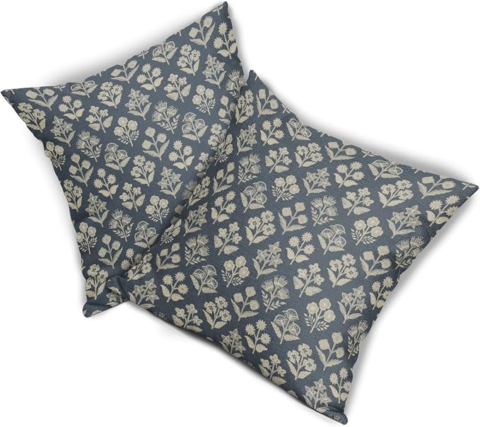 Dusty Blue Floral Block Print Pillow Covers 20x20 Inch Set of 2, Vintage Flower Pattern Decorative Throw Pillowcases Outdoor Farmhouse Cushion Covers Spring Summer Rustic Sofa Couch Bed Decor