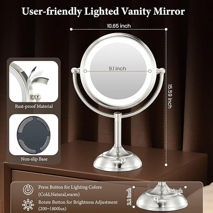 VESAUR 9.1" Large 5000mAh Rechargeable Lighted Makeup Mirror Nickel, 1X/10X/20X HD Magnifying with Compact Suction Mirror, 3 Color Dimmable Light, 360°Swivel Seamless Vanity Mirror, Gift Box