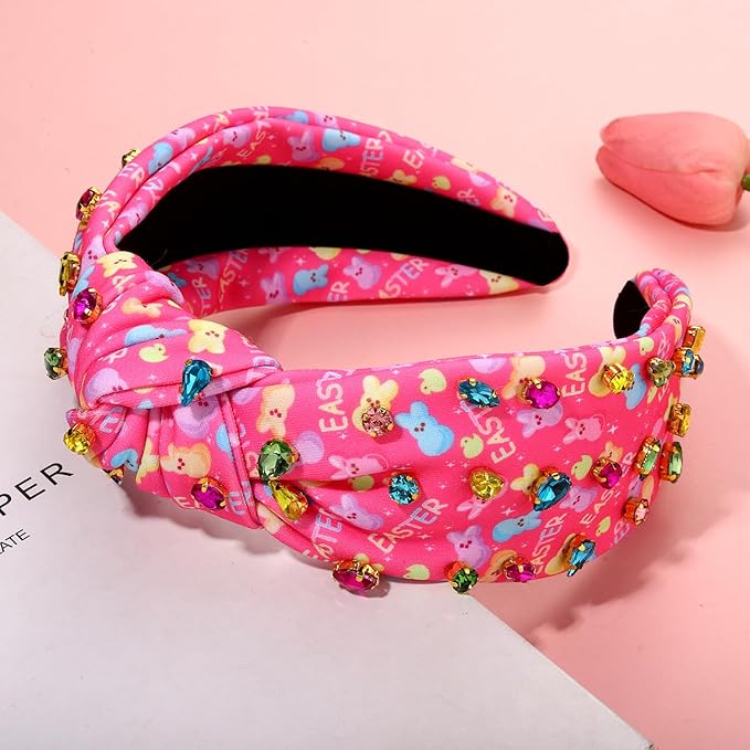 mokkia Easter Headbands Beaded Rabbit Bunny Headband for Women Pink Spring Knotted Headband Easter Hair Accessories Gifts