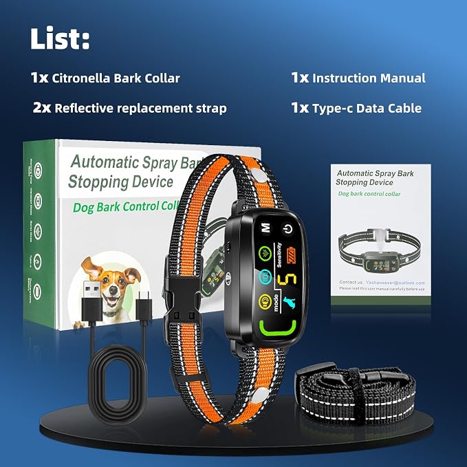 Citronella Bark Collar for Dogs, 5 Training Modes & Levels, No Spray Refill | Anti Barking Training Collar, beep/vibration/spray modes, IP65 waterproof, for S/M/L Citronella Collar, with 2 straps, Orange