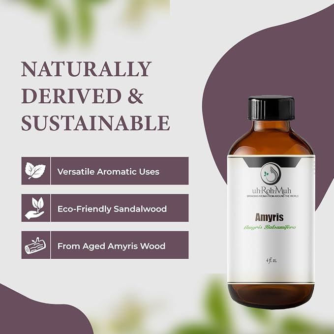 Amyris Essential Oil – 100% Natural Steam-Distilled Amyris Balsamifera Oil from Haiti – Warm Woody Balsamic Aroma for Diffusers, Candles, Perfumes, Massage Blends, Skincare & Aromatherapy – 4 fl oz