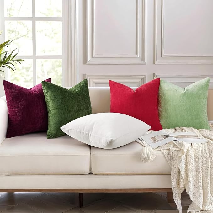 decorUhome Soft Chenille Christmas Red Throw Pillow Covers 26X26 Set of 2 | Decorative Fall Couch Pillow Covers Solid Dyed Accent Modern Euro Sham Farmhouse Neutral Square Pillow Cases for Sofa