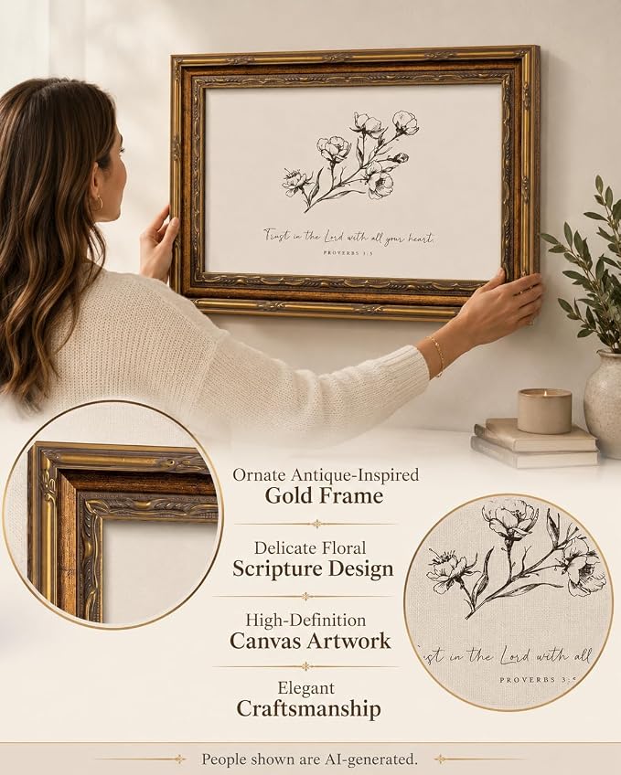 Vintage Gold Framed Floral Wall Art, Christian Bible Verse, 16 x 24 in | Sketch floral scripture canvas for living rooms, bedrooms, hallways, prayer spaces, churches, or meaningful Christian gifts.