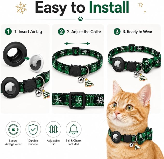 Cat Collar Breakaway 2packs, Reflective Kitten Collar with Apple Air Tag Holder and Bell for Girl Boy Cats, 0.4 Inches in Width and Lightweight (Red and Green)