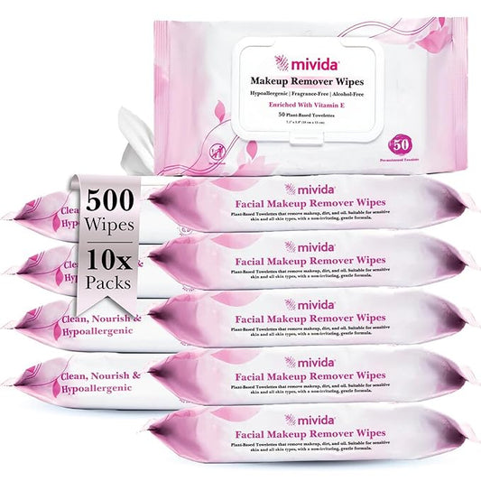 mivida Hypoallergenic Makeup Remover Wipes Bulk with Vitamin E, 500 count (10×50) Value box, Fragrance Free Makeup Wipes for Sensitive Skin, Gently Removes Makeup & Oil, Alcohol Free Facial Towelettes