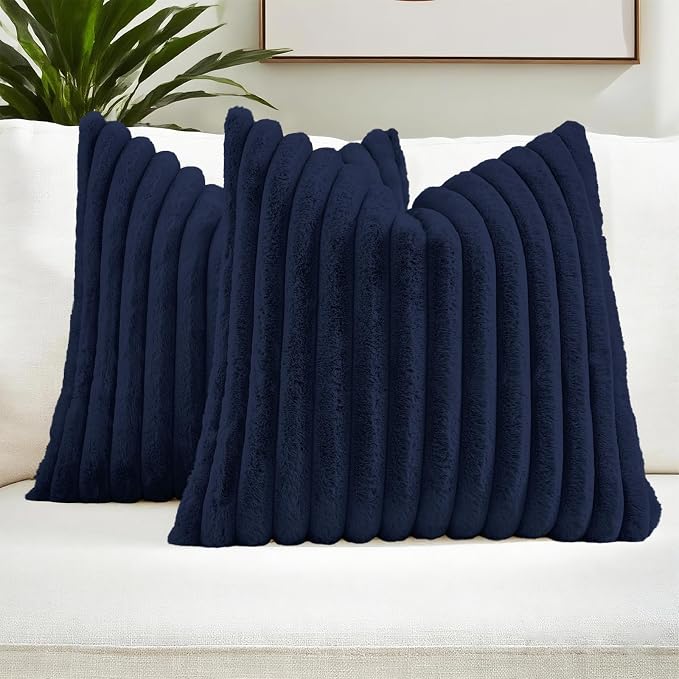 FUTEI Pack of 2 Faux Fur Throw Pillow Covers 18x18 Inch, Dark Navy | Fluffy Faux Rabbit Fur Front/Premium Velvet Back,Hidden Zipper,Machine Washable,Non-Shedding,Colorfast,Insert Not Included.