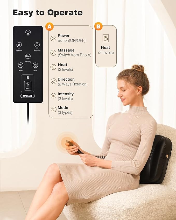 Shiatsu Back Massager with Heat - Deep Tissue 2-in-1 Kneading Chair Massage Pillow for Lower Back/Leg/Shoulder - Lumbar Support Pillow for Back Pain Relief - Christmas Gifts for Mom Dad Senior Women