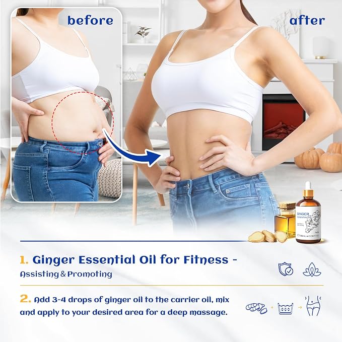 HIQILI Ginger Essential Oil 3.38 Fl Oz, for Massage, Diffuser, Large Bottle with Dropper & Gift Box -100ml | With 10ml Travel Bottle, Creates a Cozy, Soothing Space, Warming Sensation for Body & Joint Comfort - 100ml / 3.38 fl oz