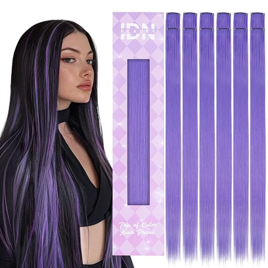 IDN BEAUTY Colored Clip in Hair Extension, 12PCS Light Purple 24Inch Invisible Clip Straight Synthetic Hair Pieces for Women, Hair Accessories for Party Cosplay Travel Birthday