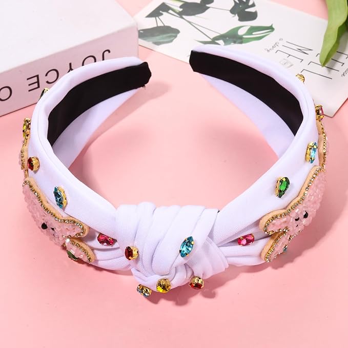 mokkia Easter Headbands Beaded Rabbit Bunny Headband for Women Pink Spring Knotted Headband Easter Hair Accessories Gifts