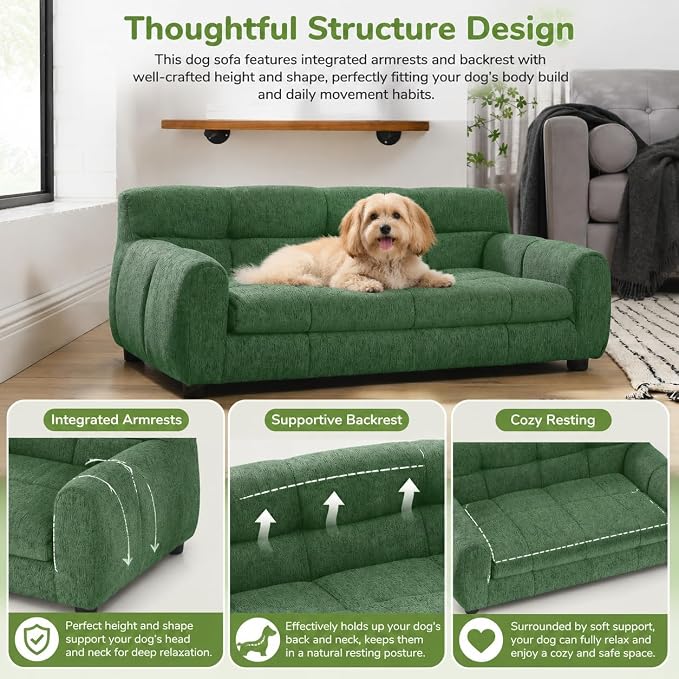 38"x22" DOD Sofa for Small & Medium Dogs | Removable Cushion Cover | Stable Low-Leg Frame | Breathable Linen Fabric | Armrest & Backrest | Easy to Clean |Olive Green