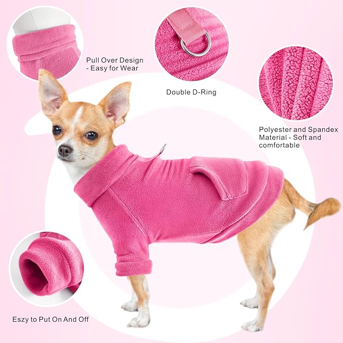 Idepet Fleece Sweater 1 Pack,Turtleneck Sweatshirt Pet Clothing | Winter Dog Clothes,Stretchy,Small Coat,Cat Apparel,with Leash Ring,for Small Medium Dogs Cats,with Pocket(L, Rose Red)