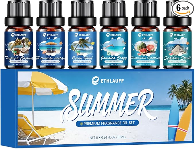 Summer Essential Oils for Diffuser - Ocean Wind, Tropical Coconut, Seashore Stroll, Hawaiian Suntan, Jamaica Crazy, Watermelon Splashing, Tropical Scented Oil for Home, Candle Making