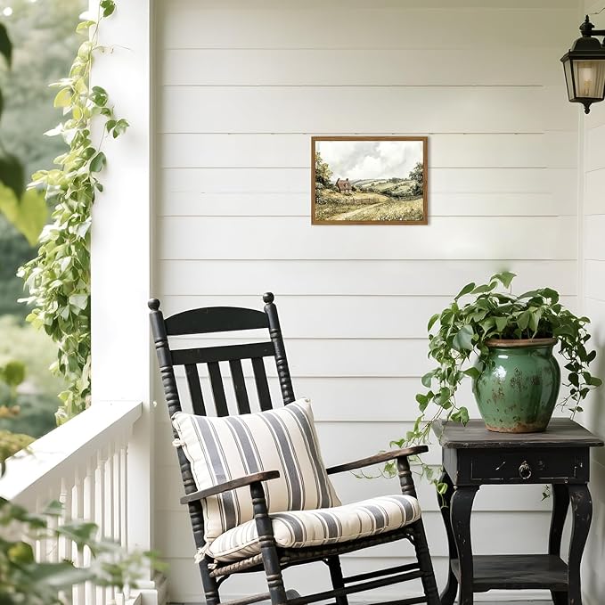 Framed Vintage Canvas Wall Art, Cottage Landscape Wall Decor Paintings, Rustic Farmhouse Pictures Prints Aesthetic Home Decor for Living Room Bedroom Bathroom 8x10 inch