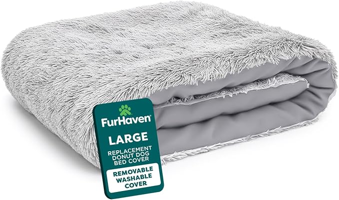 FurHaven Replacement Dog Bed Cover, Long Faux Fur for Calming Cuddlers, Machine Washable, Customizable Filling, Large, Faux Fur, Misty Gray