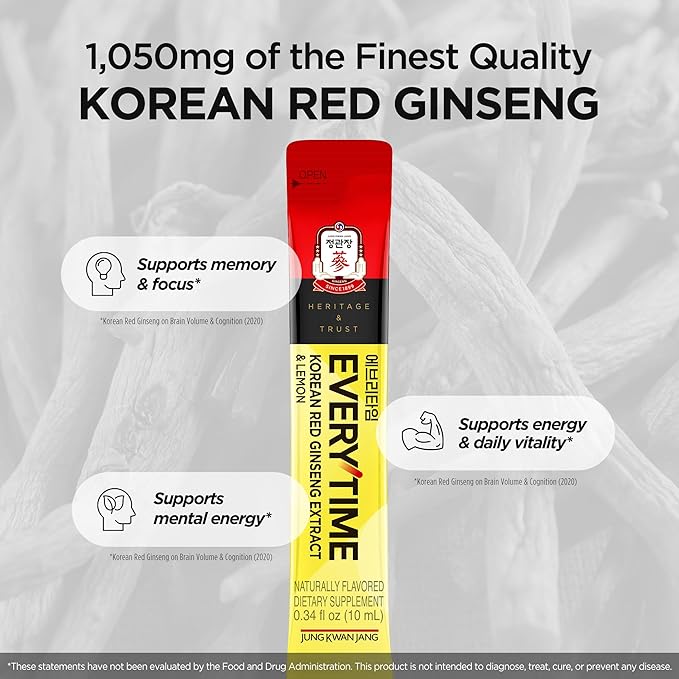JungKwanJang Everytime Korean Red Ginseng Extract 1,050mg & Lemon - Vegan Energy Drink Liquid Stick Supplements - Builds Stamina & Immunity, Non-GMO (10 Sticks, 0.34 fl oz)