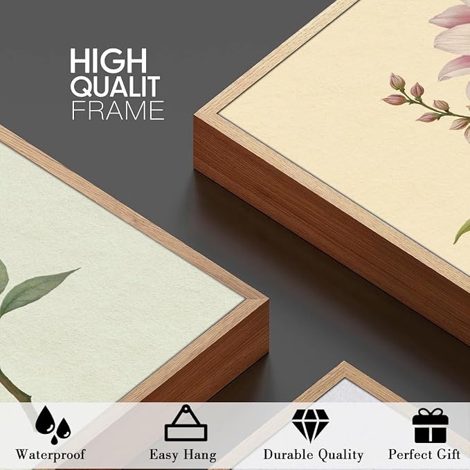 ANHUIB Boho Floral Canvas Wall Art, Framed Minimalist Beige Wildflower Wall Decor, Neutral Botanical Painting 16x24 Inch Set of 3 for Living Room Bedroom Dining Room