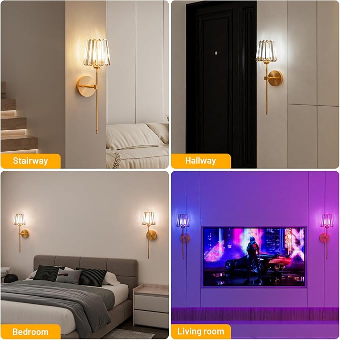 Crystal Battery Operated Wall Sconces Set of 2, Gold Rechargeable Wireless Wall Sconce Lights with Crystal Lampshade, 12 RGB and 3CCT Dimmable Wall Lamps with Remote for Bedroom Living Room Hallway