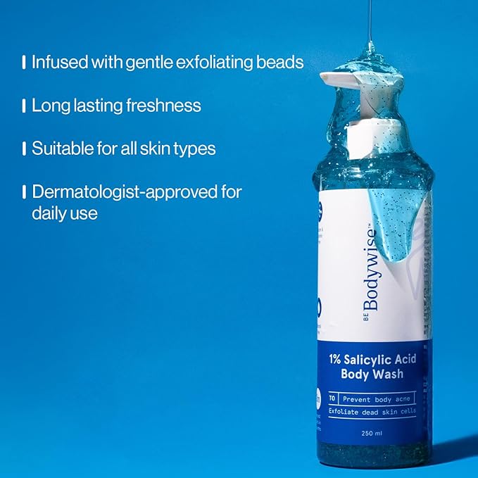Be Bodywise Body Wash. Prevents Body Acne, Strawberry Skin. Has 1% Salicylic Acid. Deep Moisture, Fresh Scent. Paraben Free, Suphate Free. 8.45 Fl Oz