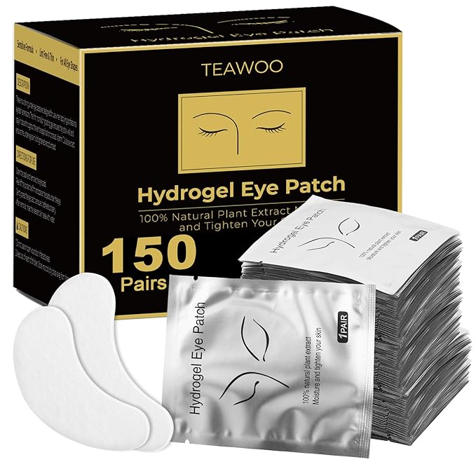 TEAWOO 150 Pairs Hydrogel Under Eye Patches, Eye Pads for Eyelash Extension/Eyelash Tinting, Eyelash Extension Supplies Infused with Natural Aloe Vera